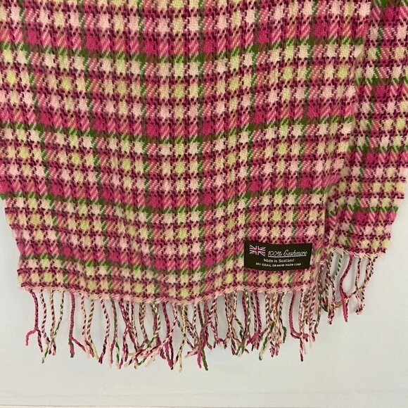 Scottish 100% Cashmere Scarf - Pink, Red, Green & Yellow Plaid w/ Fringe 64 in. - Picture 6 of 7